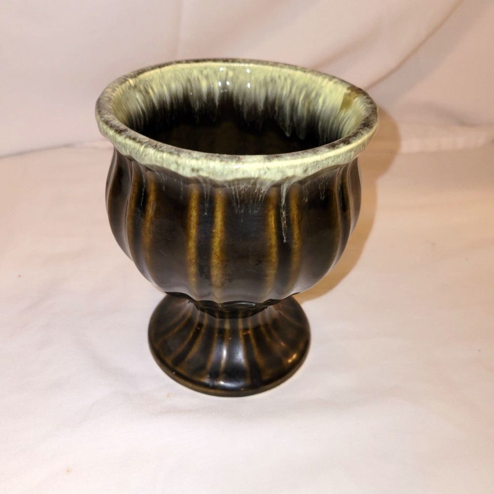Brown Ceramic Pedestal Vase with Cream Drip Glaze
